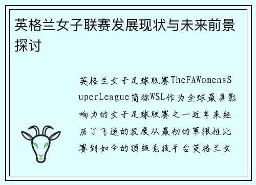 英格兰女子联赛发展现状与未来前景探讨